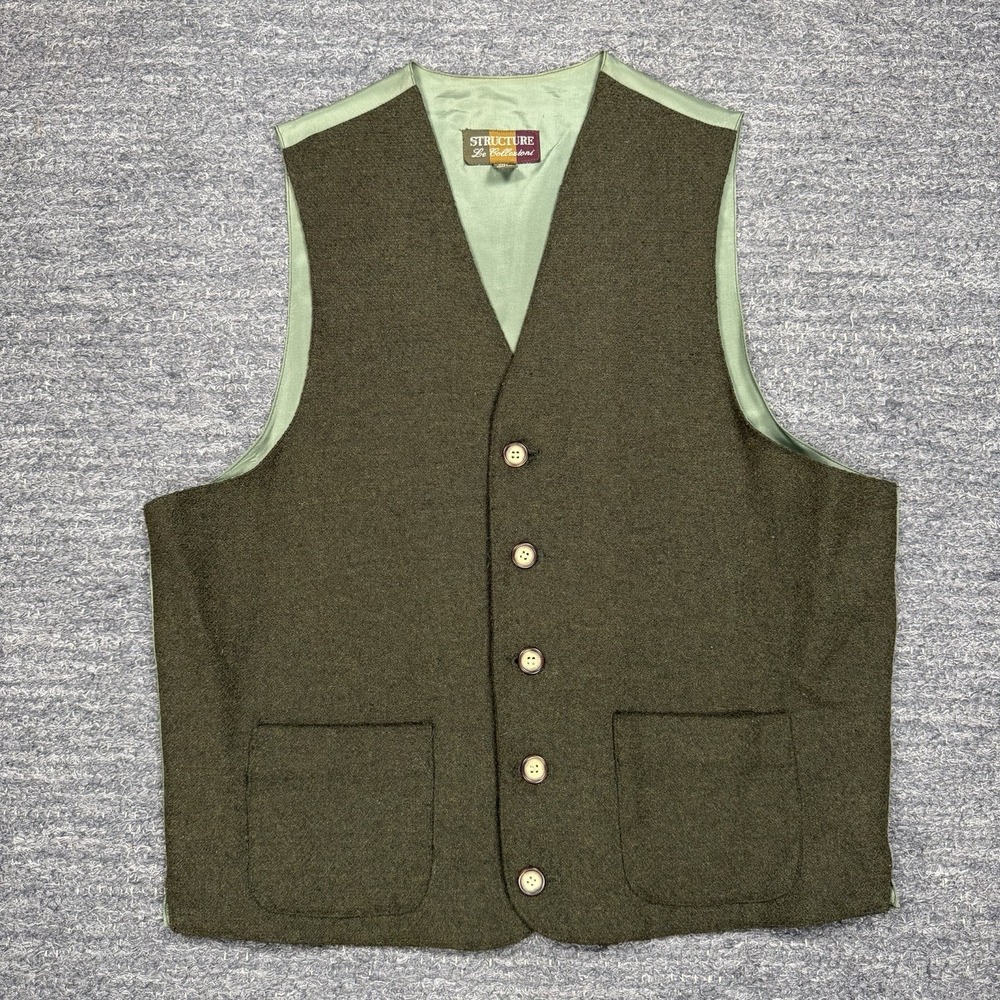 Vintage Structure Vest Men Medium Green Cashmere Wool Tweed Waist Coat Pockets